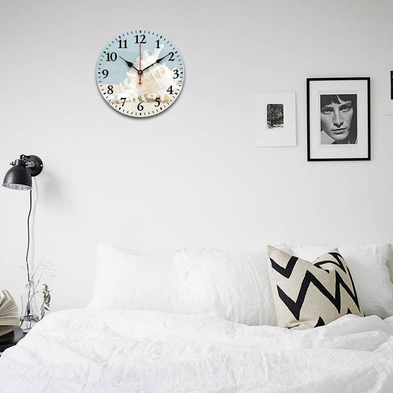 White Seashell Round Decor Wall Clock 12in x 12in, for Spa Room Small Yard