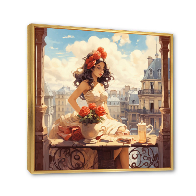 Portrait d'une femme à Paris IV sur toile, Cadre flottant doré, H 24 po x l 24 po x P 1 po