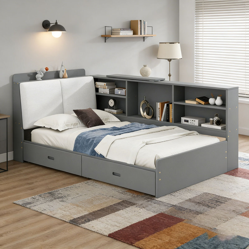 Lit plateforme en bois avec tête de lit, Gris, Lit simple