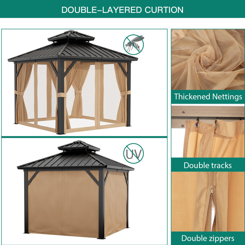 Outdoor Hardtop Gazebo, Galvanized Iron Double Vent Roof with Curtains & Netting, Aluminum Frame Pavilion for Patio, Lawn, Deck, Garden