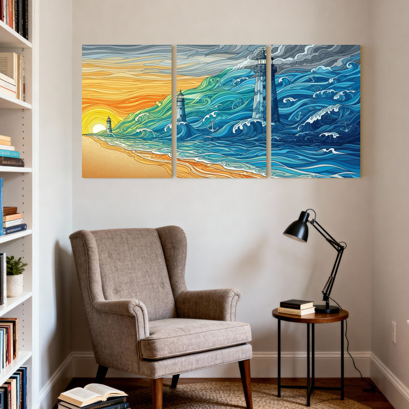 Nautique et plage, océan, vagues, coucher de soleil, phare, plage, ciel, ensemble de 3 reproductions d'art sur toile