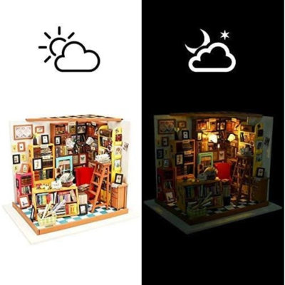 Ensemble de bricolage pour coin-livre, salle d'étude miniature pour bibliothèque avec lumières à DEL, petits meubles et accessoires détaillés, assemblage par encliquetage, cadeau créatif pour les amateurs