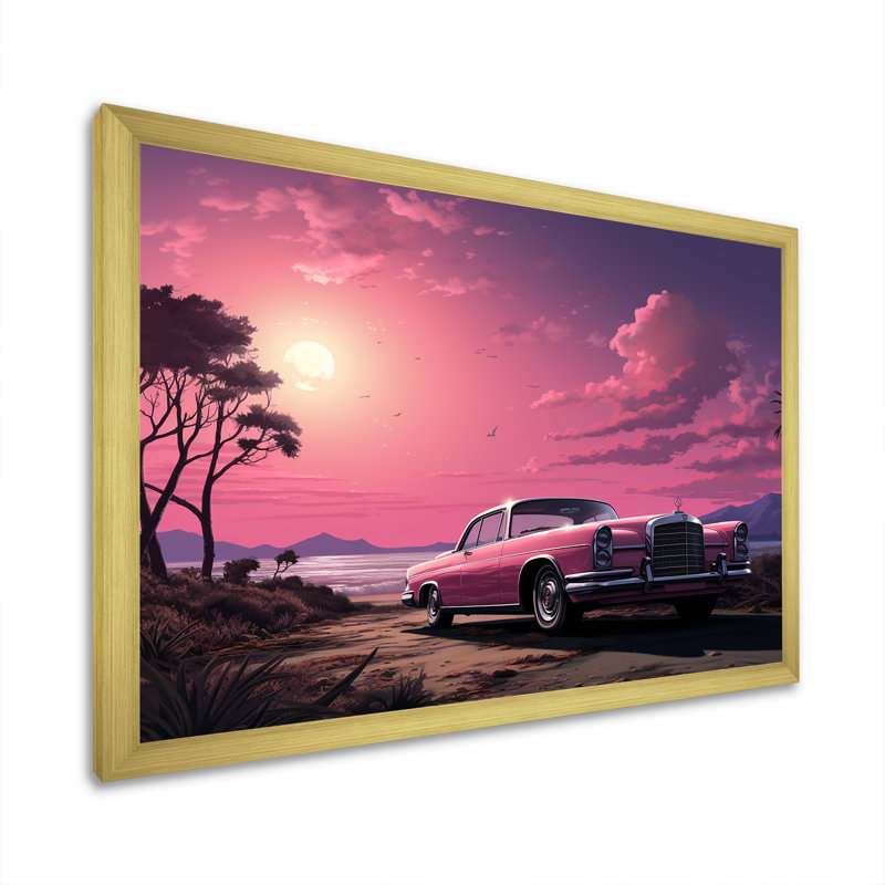 Rose Cadillac sur la plage au coucher du soleil II - voiture, art mural américain ancien, Cadre doré à coins fermés