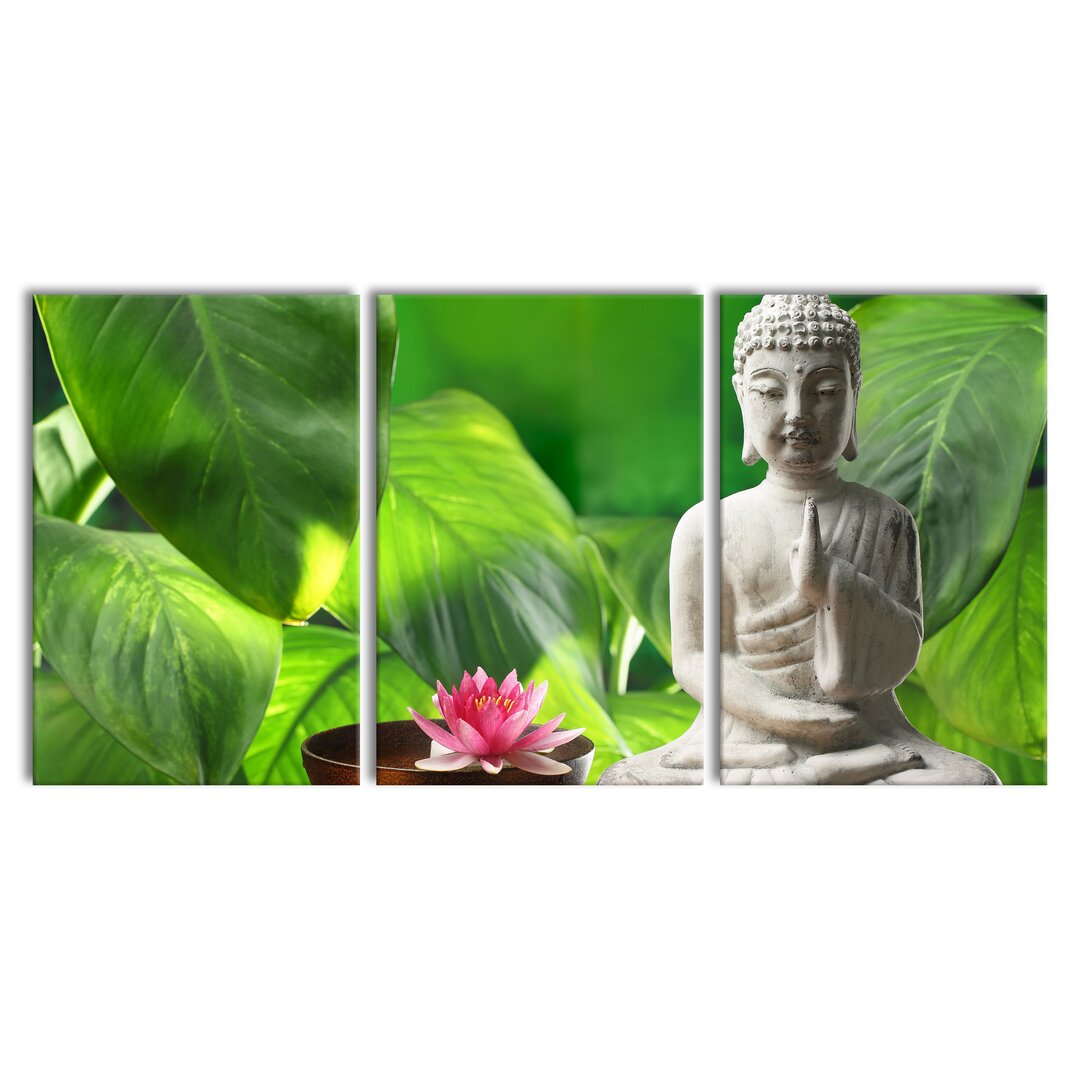 3-tlg. Leinwandbilder-Set Seerose Buddha Statue