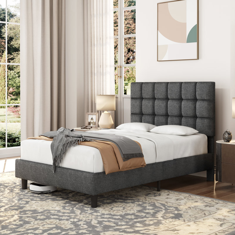 Size Modern Upholstered Bed Frame with Adjustable Square Tufted Headboard, Dark Grey, Small Double (4')