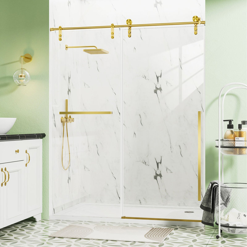 Écran de porte de douche coulissante sans cadre de 56 à 60 po x H 75 po, verre trempé transparent de 5/16 po (8 mm) avec film antidéflagrant
