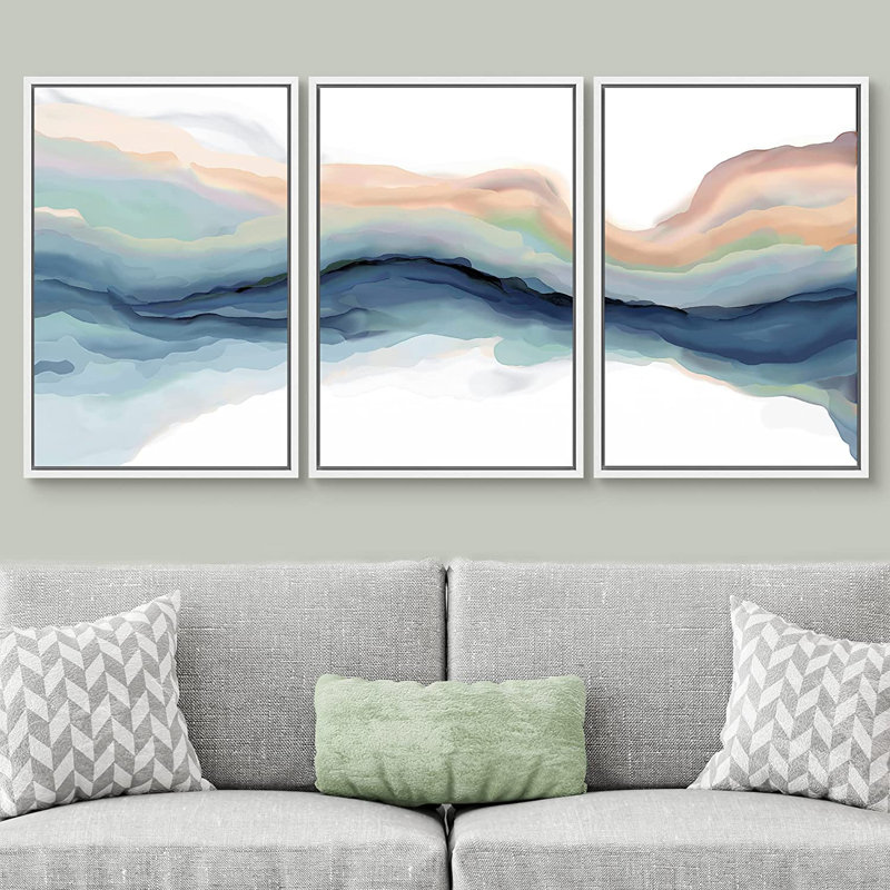Pastel Watercolor Blue Paint Stroke Abstract Landscape- Framed Canvas Print Wall Art Work Home Decor, 24" H x 48" W