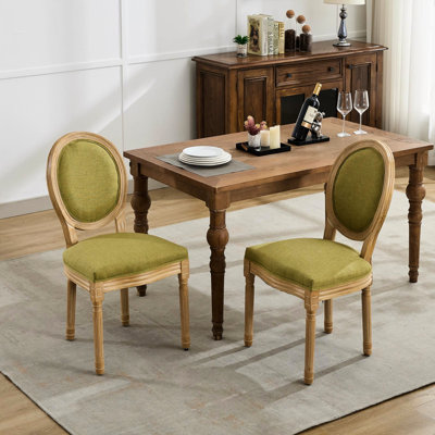 Chaise de salle à manger de style français à 2 pièces en lin olive avec dossier et structure en bois d'hévéa massif, rembourrage en mousse, hauteur de 37,4 po