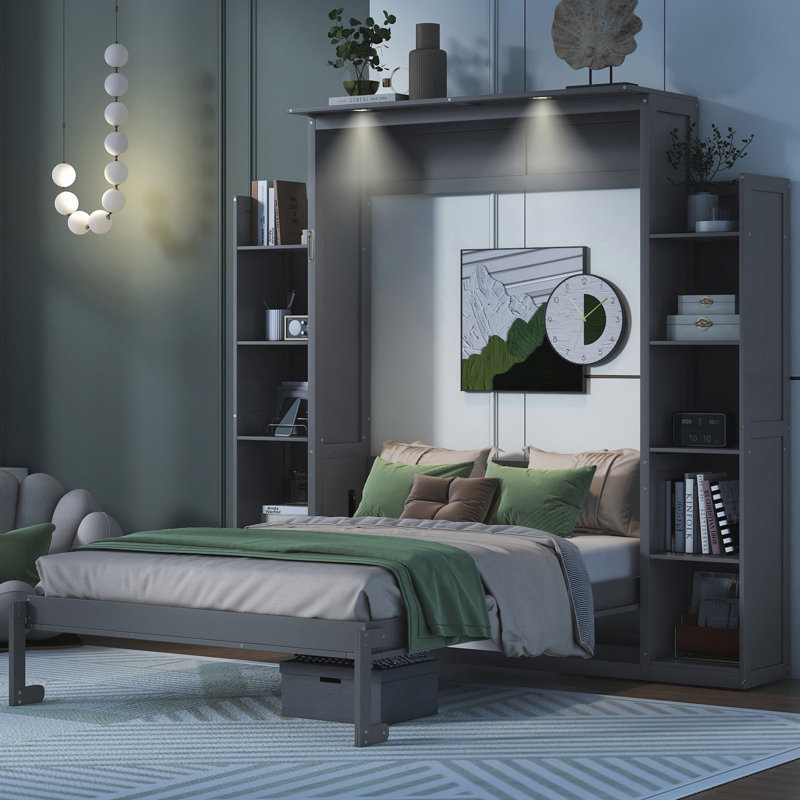 Lit escamotable double pleine grandeur avec tablettes et lumières DEL, gris