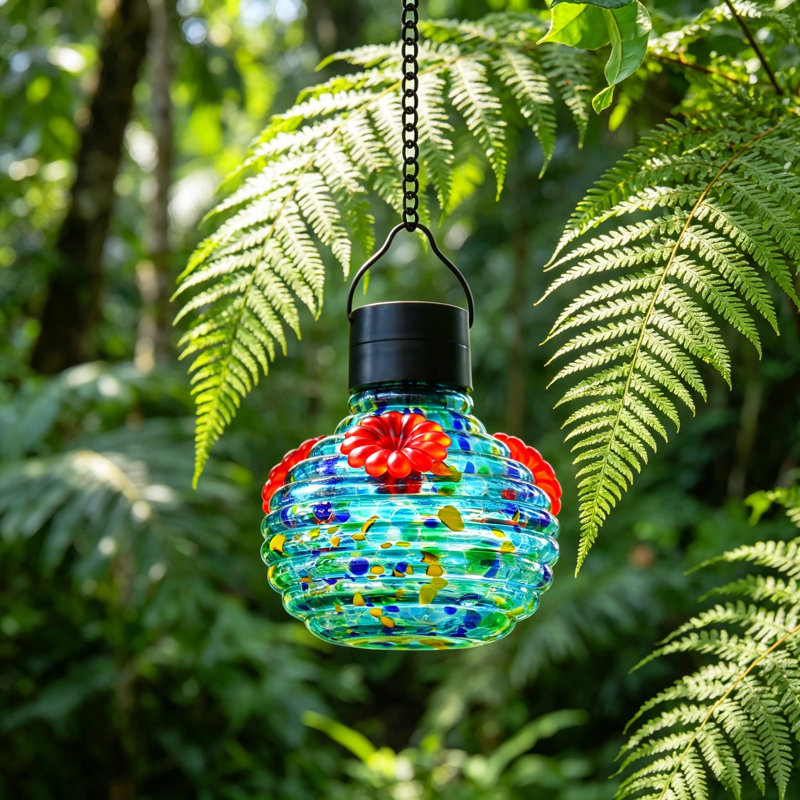 Mangeoire solaire à colibri avec lumière DEL à énergie solaire, mangeoire à suspendre en verre soufflé à la main 17 oz, conception facile à nettoyer antirouille, décoration de jardin écologique