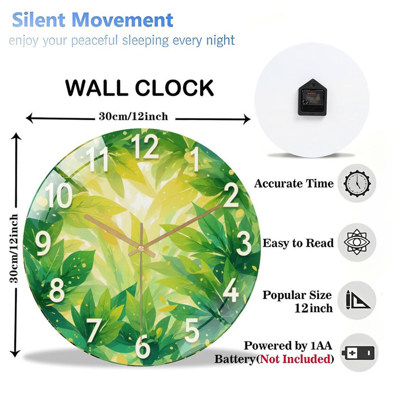 Horloge, chiffres sur fond de feuilles - Horloge murale moderne en verre 12 po