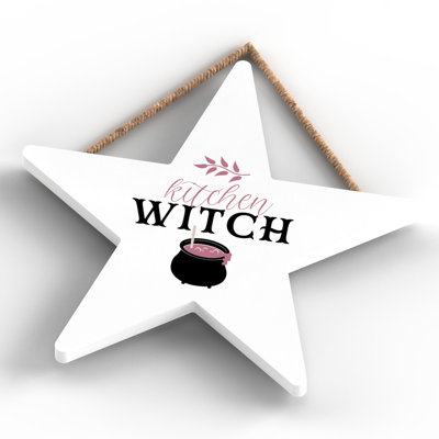 Kitchen Witch Cauldron Wooden Star Plaque