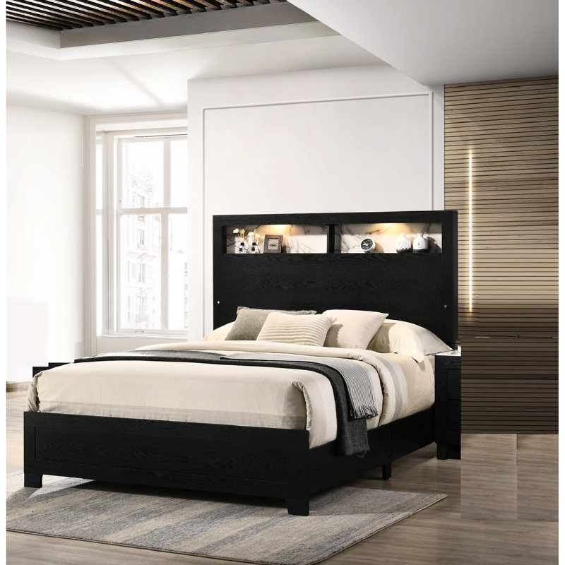 Grand lit à panneaux, tête de lit haute avec tablettes intégrées avec DEL, faux marbre, tête de lit décorative contemporaine avec tête de lit, style moderne, chambre à coucher
