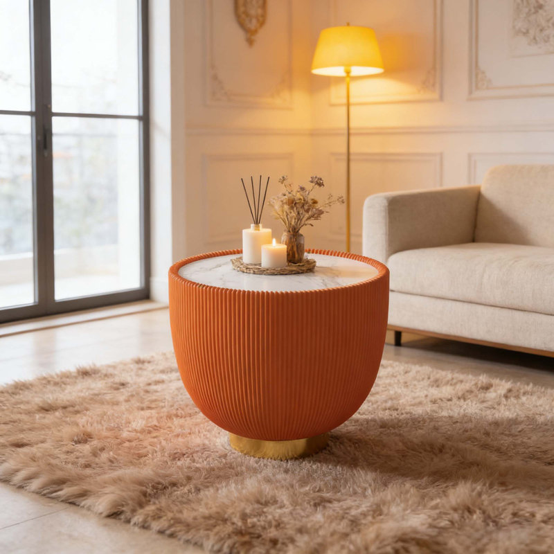 Table de bout ronde en bois fritté, Orange / doré