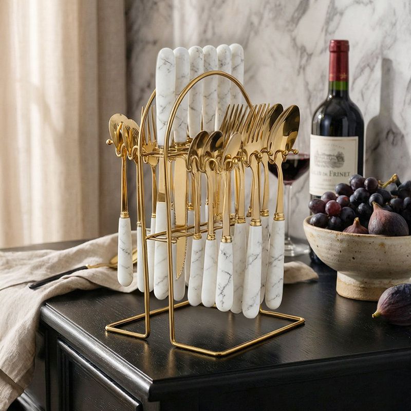 24-Piece Stainless Steel Cutlery Set with Storage Rack, White/Gold