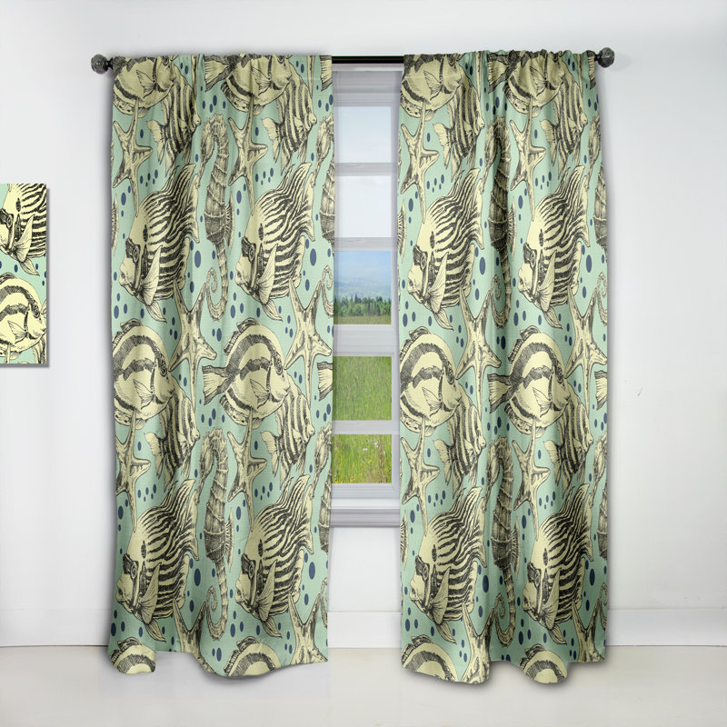 Coastal Curtain Panel, Sea Life Fish Seahorse Blackout Decor - Deep Sea Life With Fish And Seahorse, 52" W x 63" L