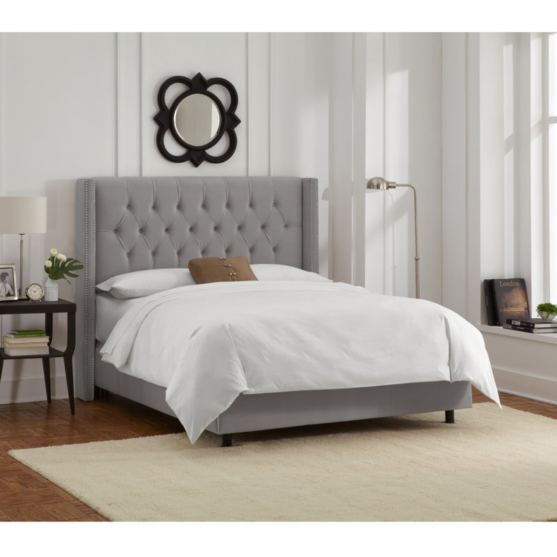Lit capitonné standard à profil bas, Velours performance gris acier classique, Grand