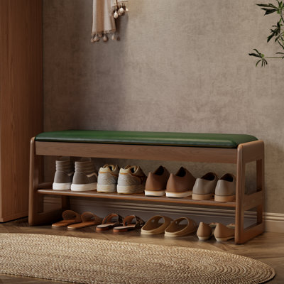 Solid wood shoe benches, leather or linen seat, double-tiered shelf design, flip-up storage