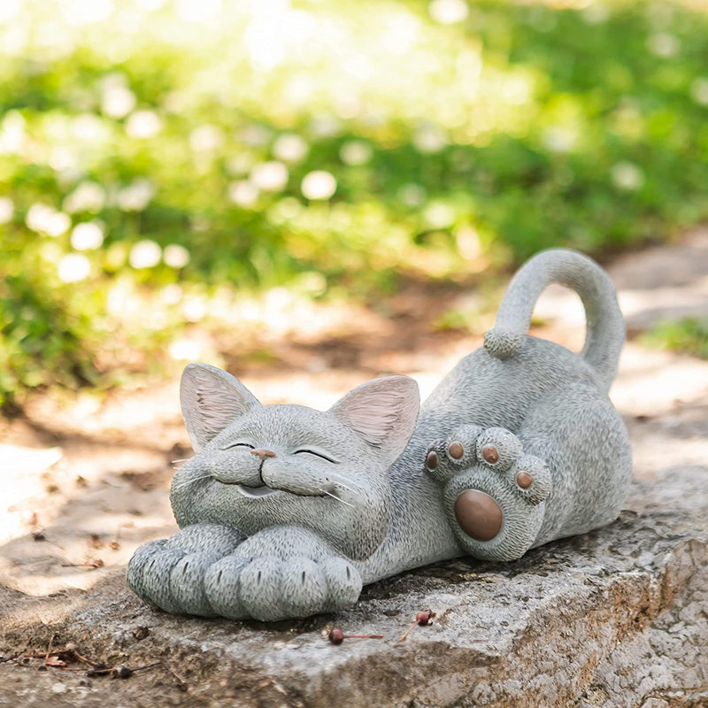 Statue de jardin chat fantaisiste et souriant, Gris