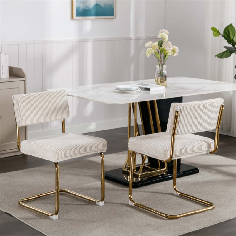 Ensemble de 2 chaises de salle à manger modernes en velours côtelé, base en métal doré, chaises de cuisine sans accoudoirs avec capitonnage