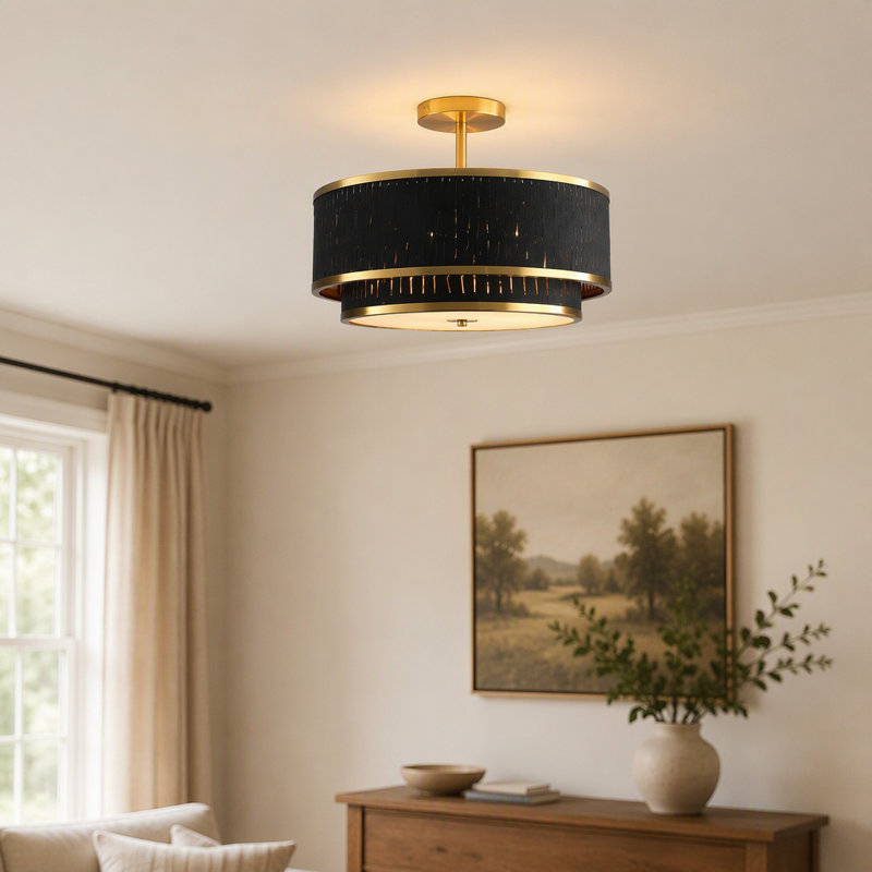 Plafonnier moderne de 38 cm (15 po), abat-jour en tissu ajouré noir et garniture dorée, montage encastré