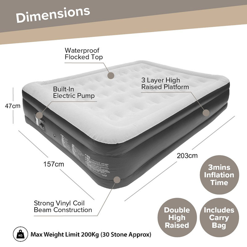 High Raised Airbed + Built in Pump, Queen, Grey