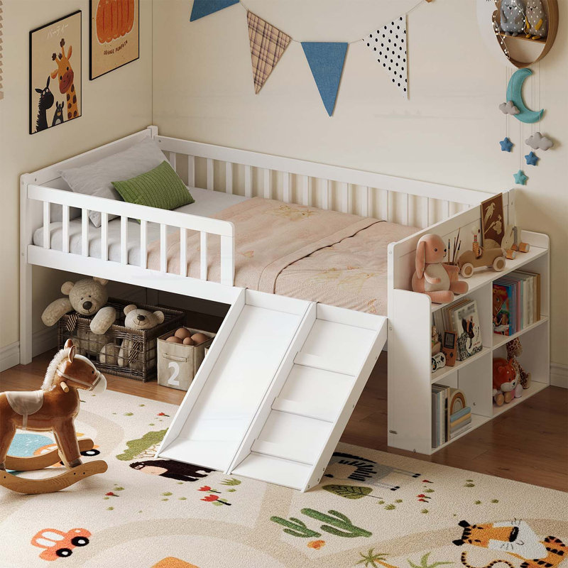 Lit plateforme simple avec tablette de rangement, glissoire et échelle, Blanc