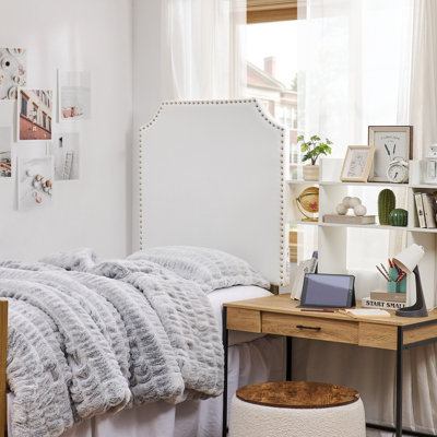 Extra Tall - Bevel Tacked Plush Outlet Headboard with Legs - White with Silver Rivets