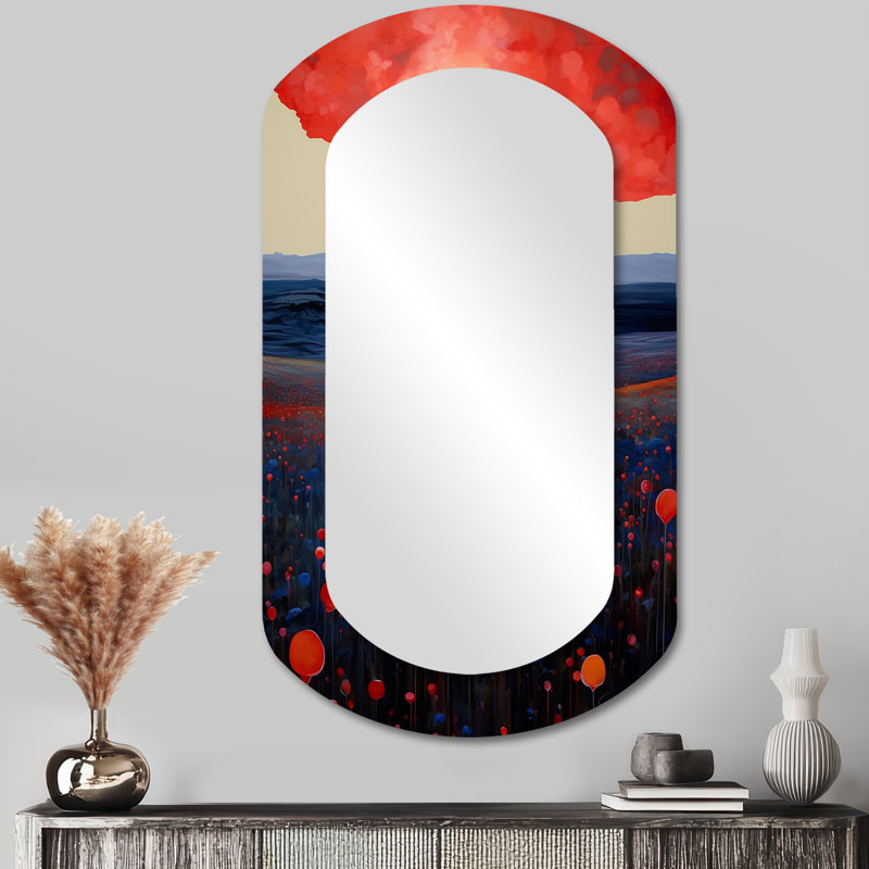 «Red Sky Blue Mountains», coquelicots rouges - prairie, art décoratif en métal - miroir mural traditionnel asymétrique