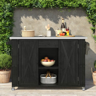 Outdoor Kitchen Island With Stainless Steel Top, Drop Leaf, 1 Drawer. Storage Cahinet With Adjustable Shelves, Towel And Spice Racks And A Bottle Opener