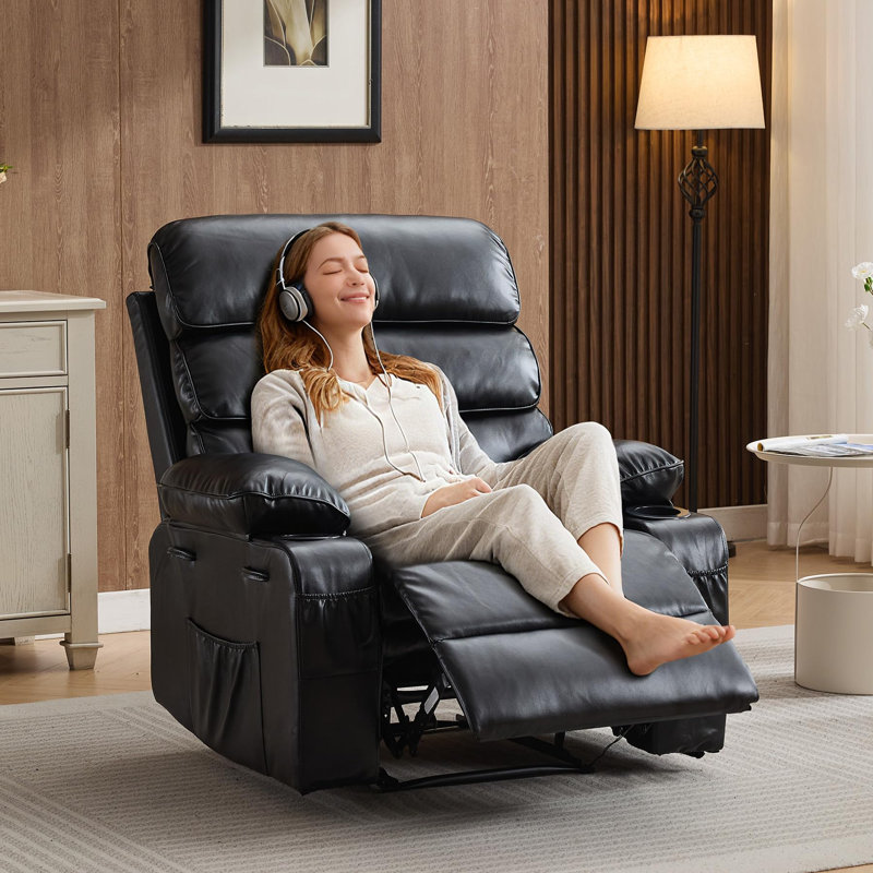 Ergonomic PU Leather Recliner Chair with Massage & Heat, Adjustable Backrest and Footrest, for Adults & Nursery, Black