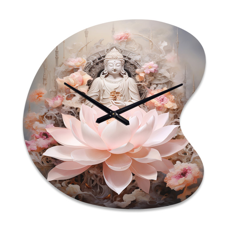 Bouddha rose - lotus de la sagesse - horloge murale asymétrique traditionnelle en métal, impression d'horloge murale rose