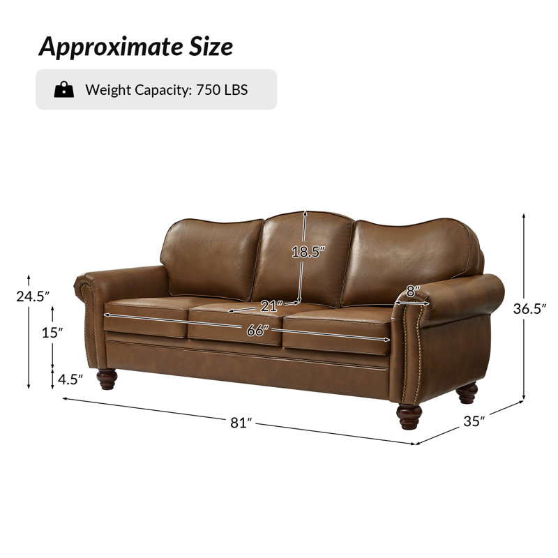 Dielle Transitional 81" Wide Leather Sofa with Solid Wood Legs, Camel