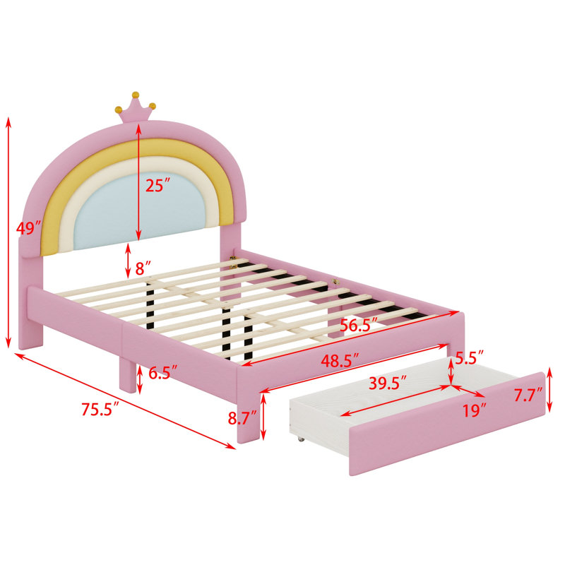Stylish  Platform Bed, Upholstered Rainbow Design Princess Bed with Storage Drawer