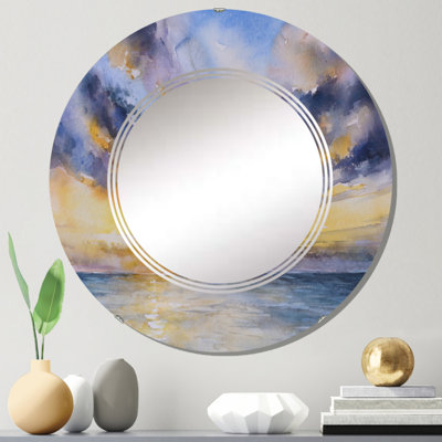 Jaune coucher de soleil sur un lac bleu - miroir mural nautique et côtier rond