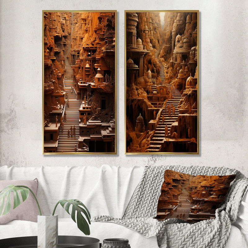 Hindouisme Yatras Sandalwood Steps - Ensemble de 2 décorations murales de l'hindouisme, Encadrement doré, H 40 po x l 41 po