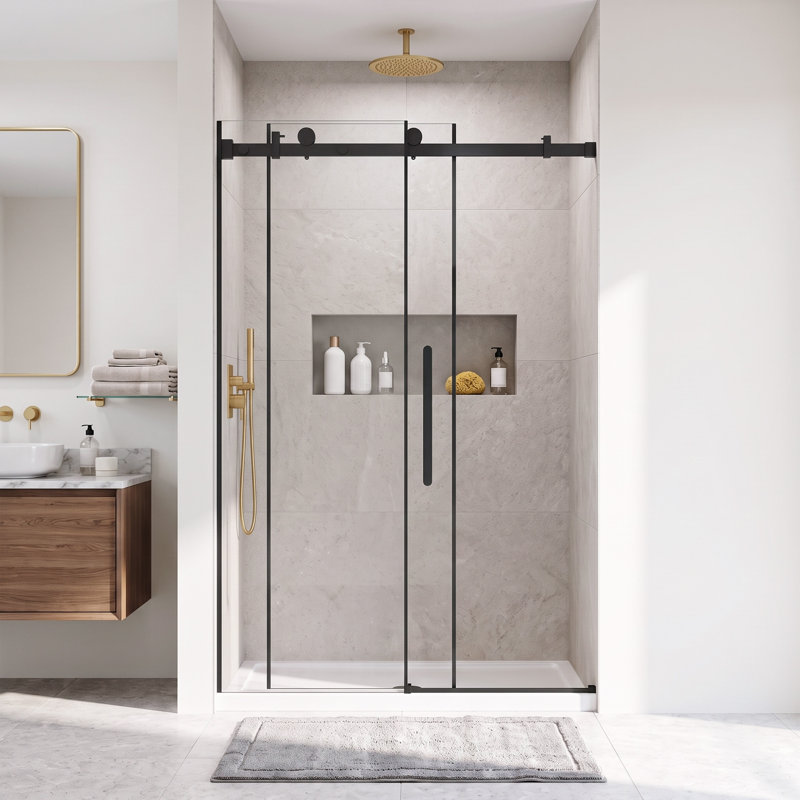 Porte de douche coulissante sans cadre, 112-122 cm L x 193 cm H, noir mat, verre trempé transparent de 6 mm, film anti-explosion, poignée en acier inoxydable, rail tubulaire carré