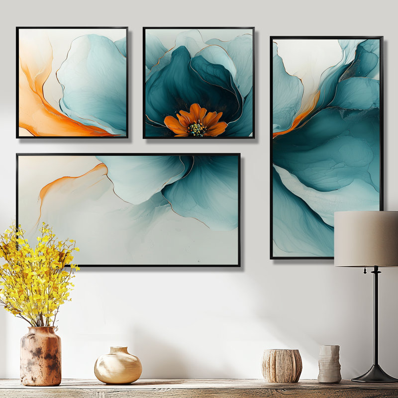 Abstrait Ranunculus Aqua Glow II - décoration murale en toile florale 4 pièces, Noir, Impression encadrée sans passe-partout