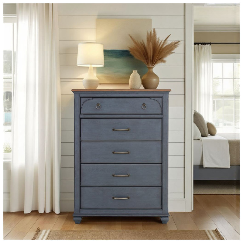 Commode à 5 tiroirs, aucun assemblage requis, finition bleue en velours côtelé