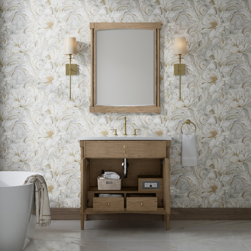 Kinnsden 36" W Single Vanity, White Zeus Silestone, 8" Widespread, Weathered Oak