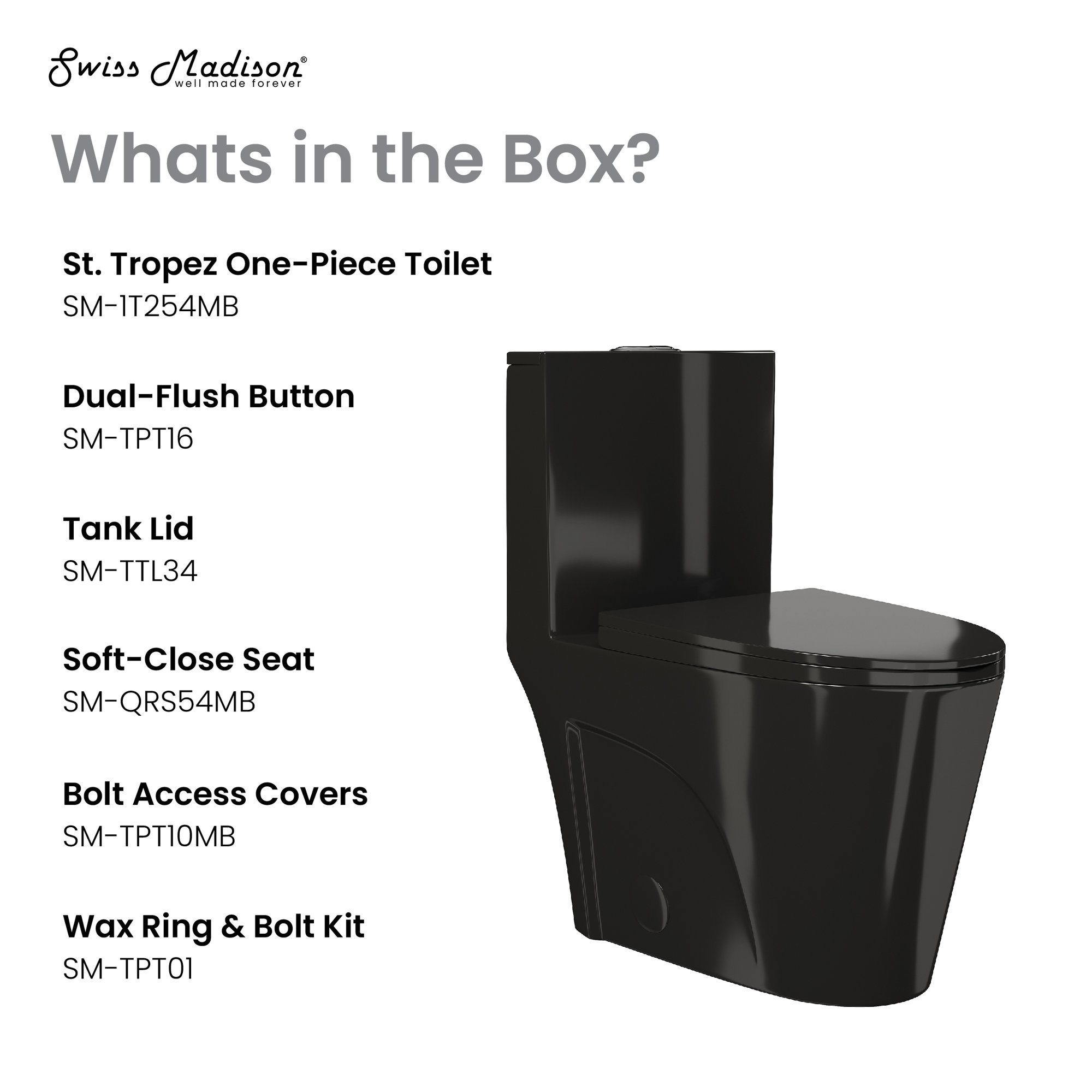 St. Tropez One Piece Elongated Toilet Dual Vortex Flush 1.6 GPF, Glossy Black, 12", Top