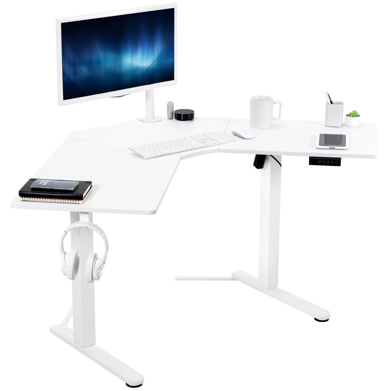 Bureau debout d'angle électrique VIVO, poste de travail en L (série E1L94B), Blanc et blanc