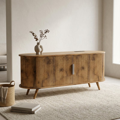 50" TV Stand with Power Outlet & USB Ports, Fluted Modern Entertainment Centre with Storage for TVs up to 55"