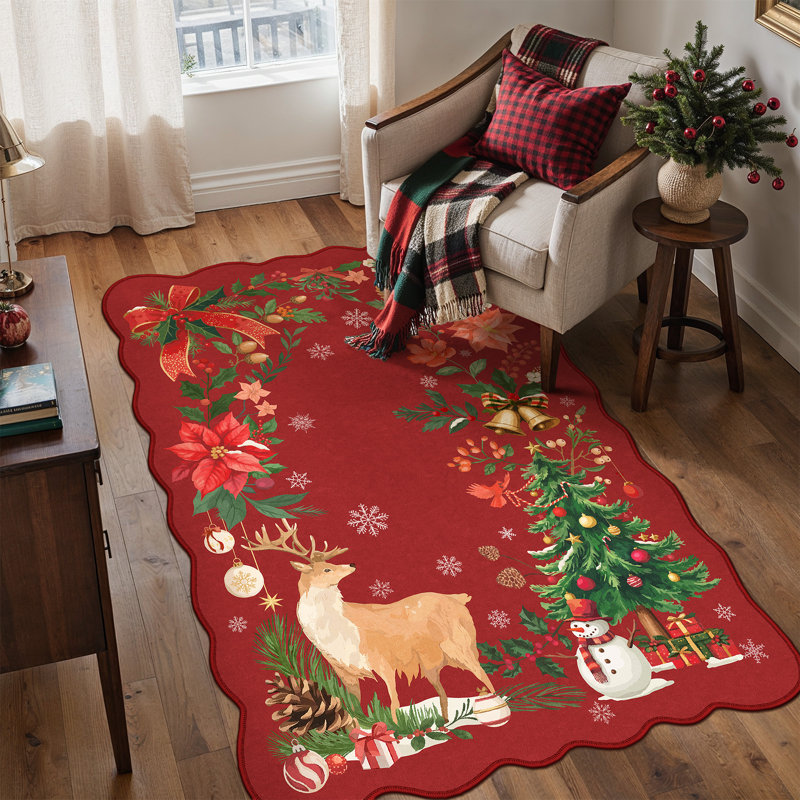 Tapis de Noël lavable à la machine avec antidérapant Noel, Red, Rectangle 3'x 5'