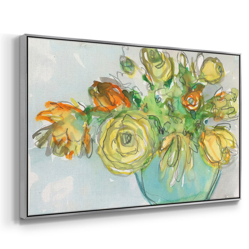 Accent floral printanier I, H 17 po x l 25 po x P 2 po, Toile avec cadre argenté