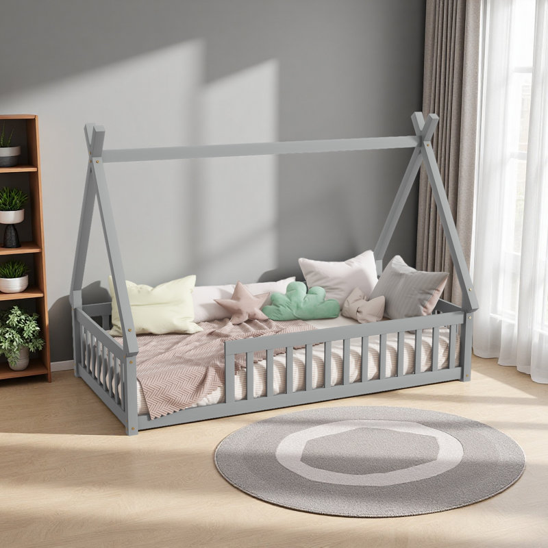 Tent-Shaped Floor Bed,Teepee Bed With Guardrails,Slats, Gray, Twin