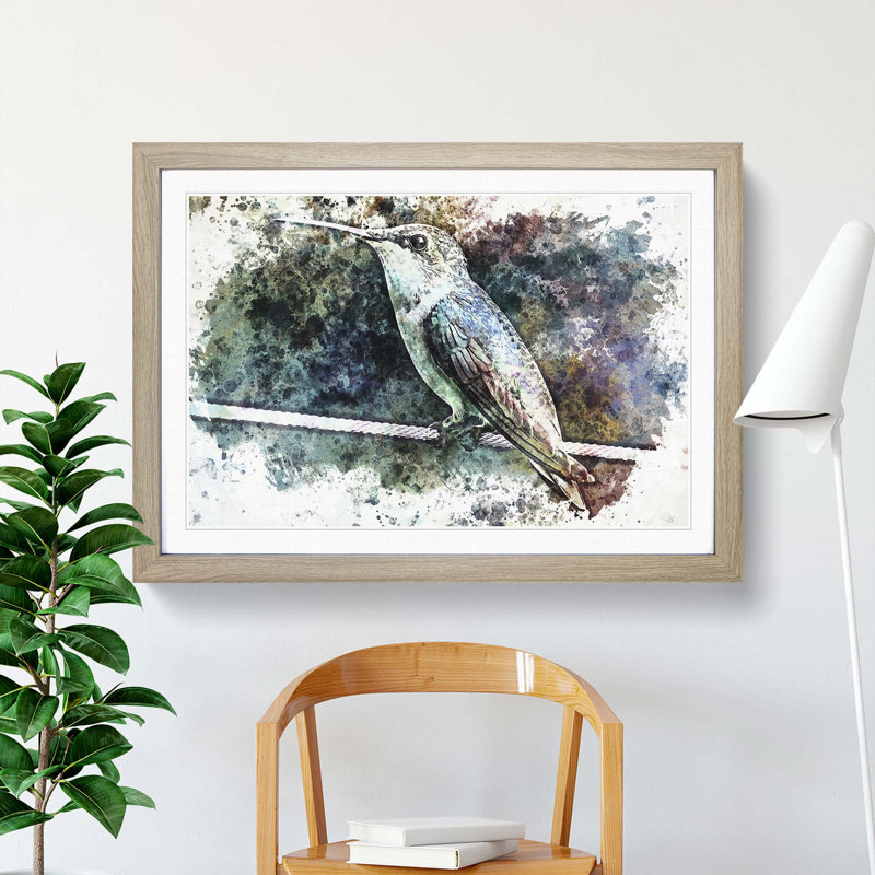 Hummingbird Bird on a Wire in Abstract - Picture Frame Painting Print, Oak Framed, 62cm H x 87cm W x 2cm D