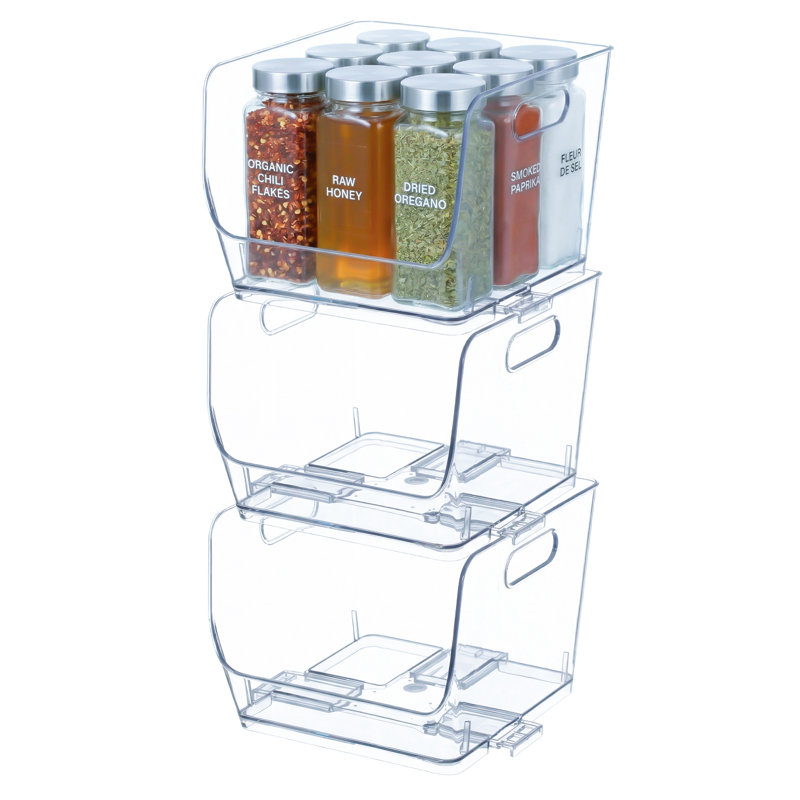 Ensemble de base de 3 bacs de rangement transparents de 9 pouces avec poignées faciles à tenir et empilables