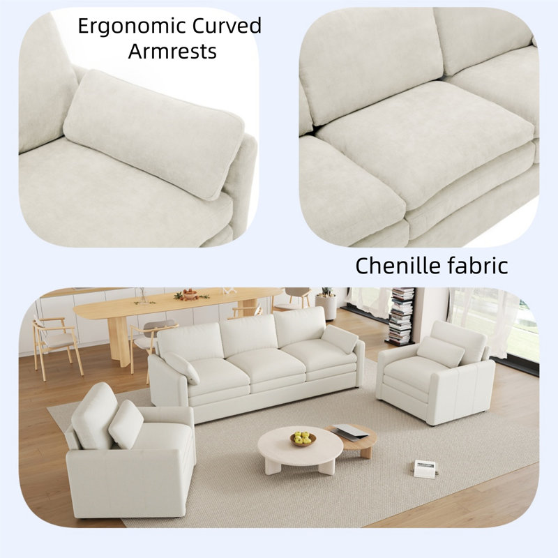 Extra-large Double-cushion Sofa Set, White