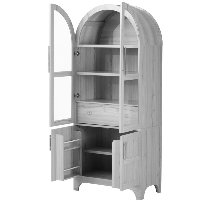 71" Tall Arched Display Cabinet With Glass Doors, Gray